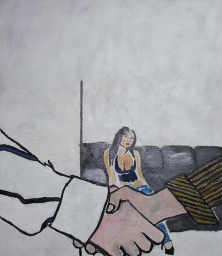 Das Jahr der schlechten Nachrichten<br /><br />2009<br />Oil, airbrush on canvas<br />150 x 130 x 2 cm